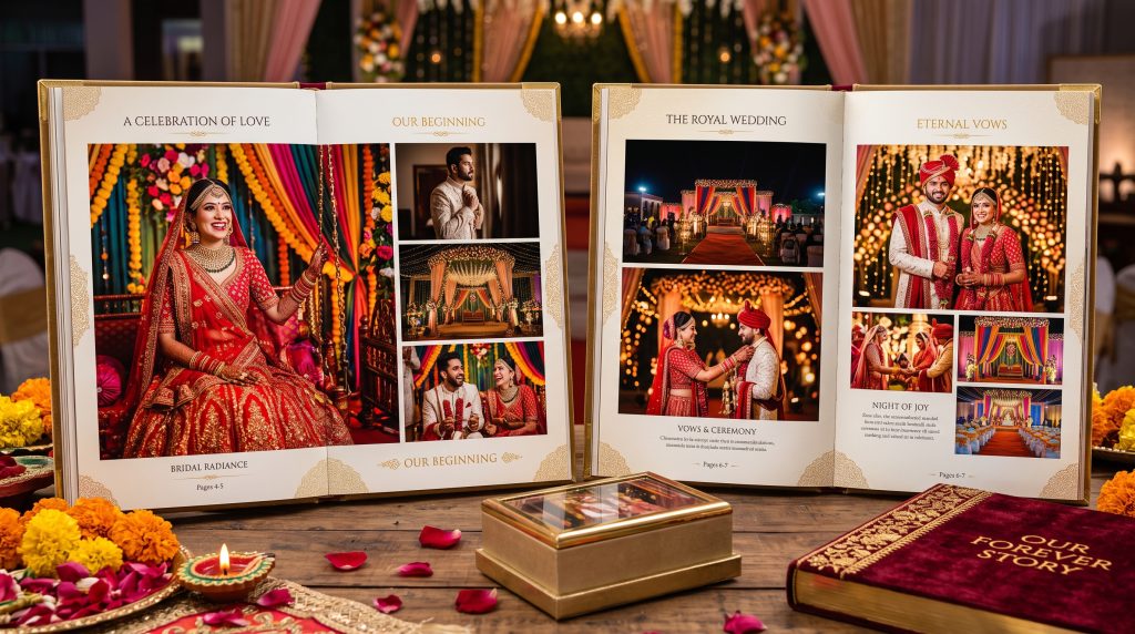 Indian style wedding album layout featuring vibrant bridal portraits