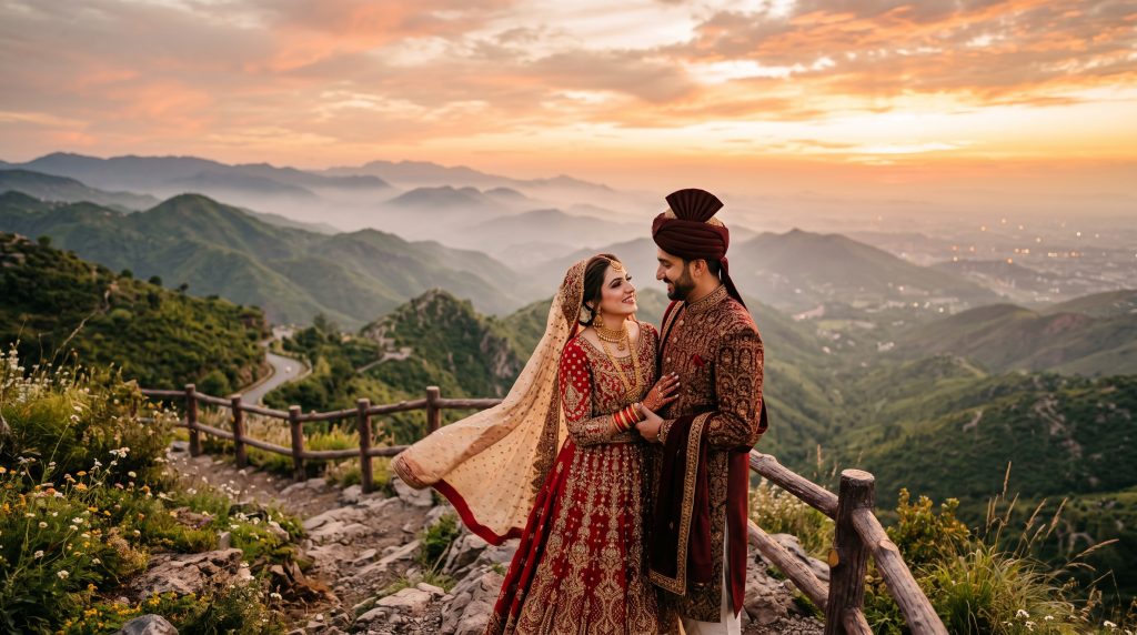 bridal dress standing on a hilltop viewpoint