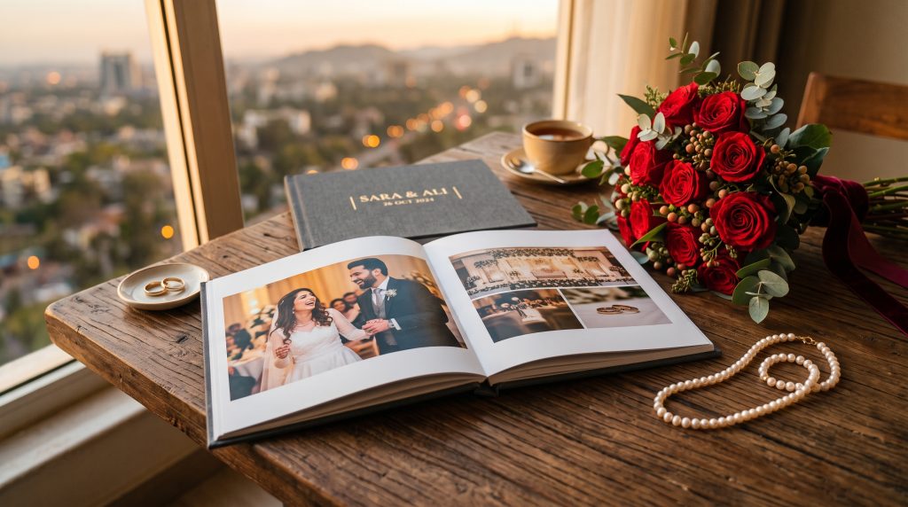 Layflat wedding albums photobook styled with bridal bouquet in Rawalpindi Islamabad