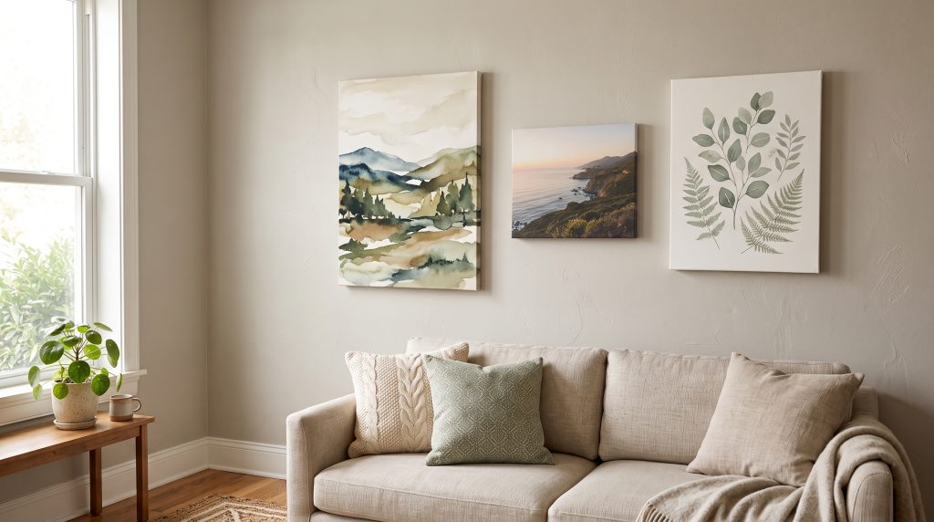 Gallery-style canvas print arrangement in a Pakistani home