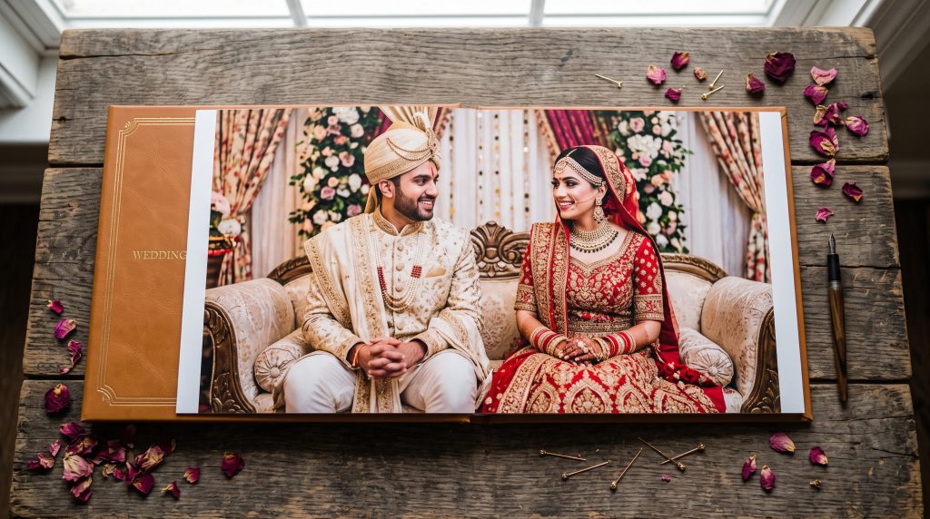 Open luxury leather wedding album showing a Pakistani bride and groom photo spread