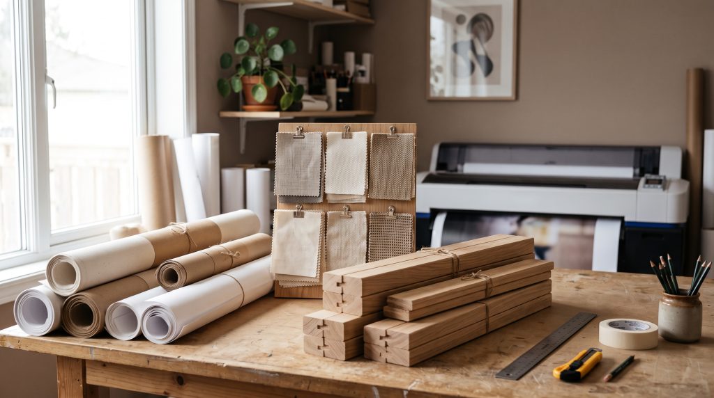 Canvas fabric samples and wooden frame bars on a print shop workbench