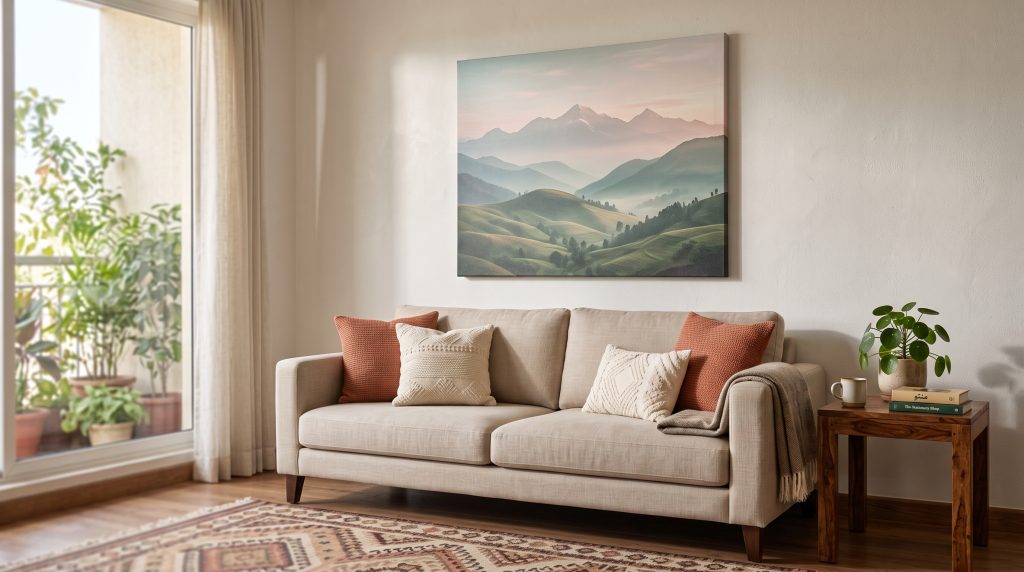Large gallery wrap canvas print above a sofa in a bright living room