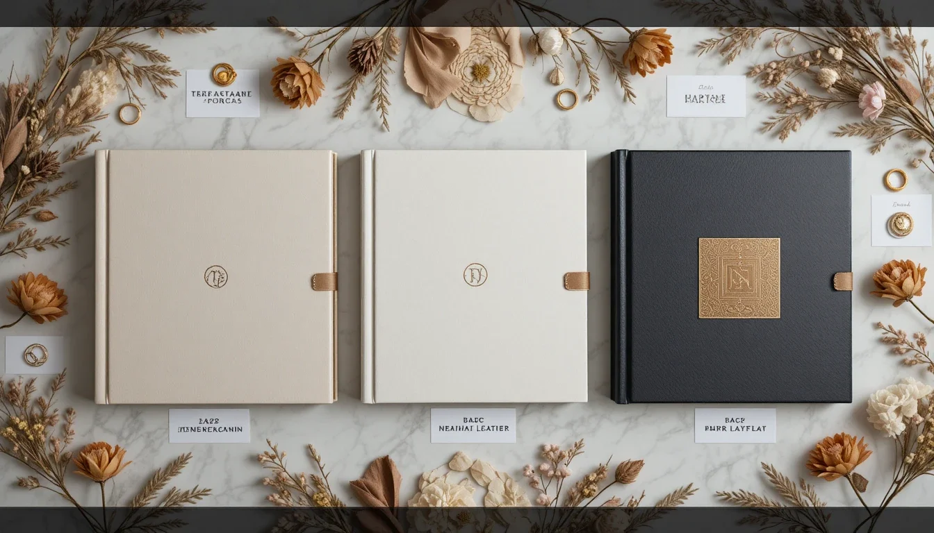 Elegant flat lay of three different custom wedding albums side by side