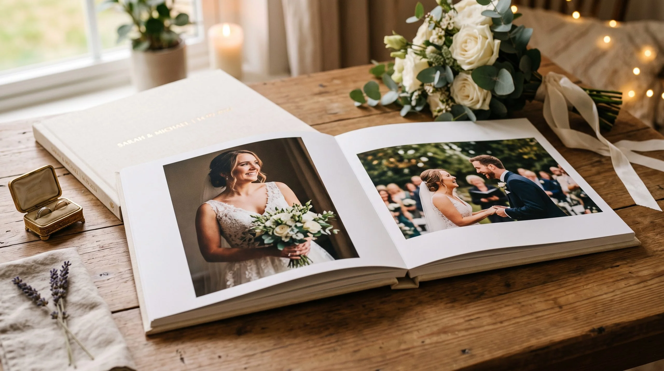 Finished printed wedding photo album on display